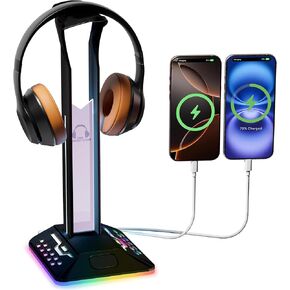 RGB Headphone Stand with 2 USB 2.0 Extension Charging Port Extender Cord,Desk Gaming Headset Holder,Cool LED Headphone Holder PC Gaming Accessories,Gamer Gifts