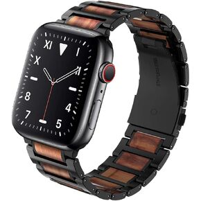 Wolait Compatible with Apple Watch Band ultra 2 49mm 46mm 45mm 44mm 42mm, Natural Wood Red Sandalwood with Stainless Steel Metal Link band for iWatch SE/Series 10/9/8/7/6/5/4/3/2/1