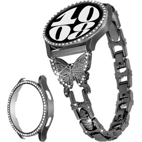 Butterfly Band for Samsung Galaxy Watch 4 5 6 Band-40mm with Screen Protector Case, 20mm Quick Release Women Diamond Metal Watch Band & Bling Protective Cover Case