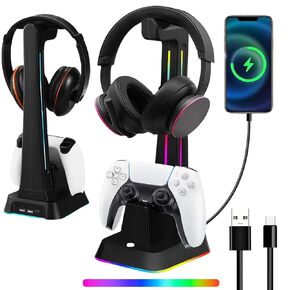 PS5 Controller Chargr with RGB Headphone Station, PS5 Controller Charger Headset Holder compatible with PS5 Controller & PS5 Edge Controller with 2 USB Port and RGB Colored Light