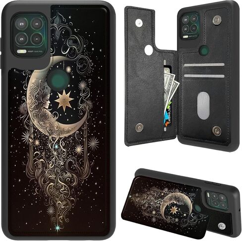 Wallet Case for Motorola Moto G Stylus 5G 2021 6.8", Moon Face Girl PU Leather Flip Cover with RFID Blocking Card Holder, Shockproof Stand Protective Case & Lanyard in Saudi Arabia