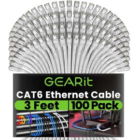 GEARit Cat 6 Ethernet Cable (100-Pack 3 Feet) Cat6 Network Patch, 10Gbps, RJ45, Snagless Cord, Gold-Plated Connectors, Internet for PC, TV, Tablet, Router, Printer, Servers, IT Data Center - White