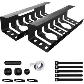 Under Desk Cable Management Tray Self-Adhesive/Screw Mount 15.6'' Black Metal 1 Set of 2 Cable Trays Holder with Accessories Wire Management Desk Cord Organizer for Office Home (Black - Set of 2)