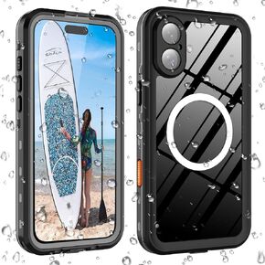 Waterproof Clear Case for iPhone 16 Plus 6.7 inch, Built-in Screen Camera Protector, Dustproof Shockproof, Full Body Rugged Protective Phone Cover, Compatible with MagSafe, Black-Side