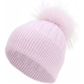 Womens Cashmere Winter Ribbed Knit Cuffed Beanie Hat with Real Fur Pom Pom Beanie Skull Cap Ski Hat