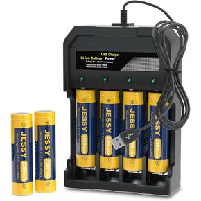 JESSY 18650 Rechargeable Battery Flat Top 3300mAh with 18650 Battery Charger, Universal Smart Charger for 3.7v Lithium Batteries 18650 10440 14500 (6 Pack Flat Top Battery+Charger)