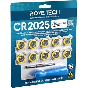 Rome Tech 3V CR2025 Batteries with Solder Tabs + Screwdriver Security Bit Set. Compatible with Silver, Blue, Gold, Crystal Gameboy Cartridge, Zelda, Super Nintendo - CR 2025 - (10-Pack)