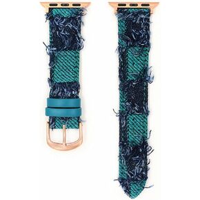 Retro Checkered Denim Leather Band Compatible with Apple Watch 40mm 41mm 38mm, Fashion Bracelet Handmade Bohemian Tassel Western Dressy Wristband Strap for iWatch Series 9/8/SE/Ultra/7/6/5/4/3/2/1