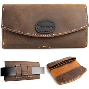 Leather Phone Holster,Belt Clip Double Pockets Cell Phone Pouch for Phone,Cards and Cash,Magnetic Closure Cell Phone Pouch Case for iPhone 14 Pro Samsung Galaxy S23,L,Darkbrown