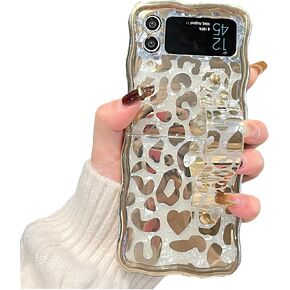 for Samsung Galaxy Z Flip 3 5G (2021) Case Golden Plating Leopard Wrist Strap Holder and Finger Loop Ring Stand for Women and Girl Cheetah Print Ultra Slim IMD Holder Cover (Z Flip 3 5G)