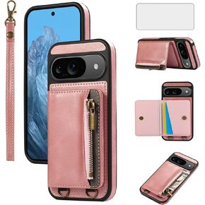 Asuwish Phone Case for Google Pixel 9/9 Pro 5G Wallet Cover and Tempered Glass Screen Protector Zipper Flip Credit Card Holder Stand Leather Rugged Cell Accessories Pixel9 9Pro Nine Women Men Pink