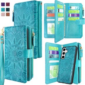 Harryshell Compatible with Samsung Galaxy S25+ Plus Wallet Case Detachable Phone Cover with Zipper Cash Coin Pocket Multi Card Slots Holder Wrist Strap Lanyard 6.7 inch (Floral Brown)
