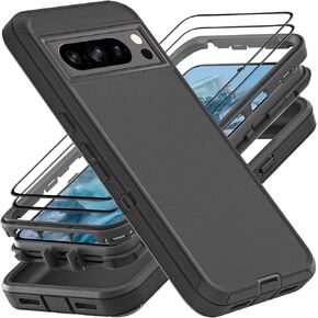 for Google Pixel 8 Pro Case, Military Grade 3 in 1 Heavy Duty Shockproof/Drop Proof/Dust Proof Case with 2Pcs Tempered Glass Screen Protector (Black/Black)