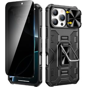VEGO Case for iPhone 16 Pro Max, Slide Camera Cover & Privacy Screen Protector & 360°Rotatable Ring Kickstand Military Grade Heavy Duty Protection Case for iPhone 16 ProMax 2024 5G 6.9 Inch - Black
