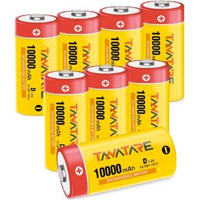 8 Count Rechargeable NiMH D Batteries for Flashlights,Radios,Clocks,Toys,1.2V High Capacity 10000mAh, Low Self Discharge