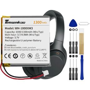 3.7V 1300mAh WH-1000XM4 Battery Replacement for Sony WH-1000XM3 WH-XB900N WH-H910N WH-CH710N SM-03 SP 624038 1588-0911 Bluetooth Wireless Headset Battery
