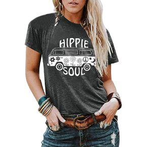 BLANCHES Women Summer Tops 2023 Vintage Graphic Tee Hippy Soul Tops Crew Neck Short Sleeve Casual Tees