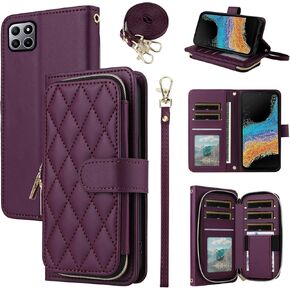 Argyle Wallet Case for Boost Mobile Celero 5G Plus 7 inch 2023 with Wrist Strap Shoulder Strap, 9+ Card Slots Zipper Purse Luxury PU Leather Stand Checkered Cell Phone Cover for 5G+ Deep Purple