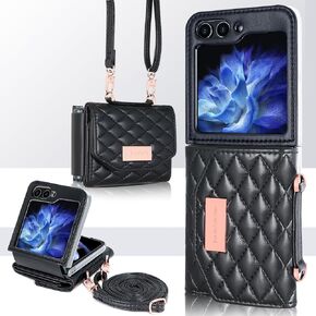 علبة الهاتف لـ Samsung Galaxy Z Flip 6 Wallet Phone Cover ، Fashion Flip 6 Case with 4 Mostters Cards Crossbody Strap (Black)