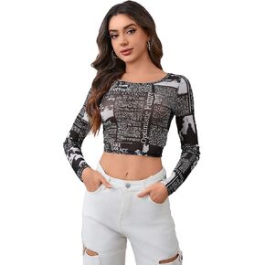 WDIRARA Women's Newspaper Print Crop Top Letter Graphic Long Sleeve Round Neck Slim Fit Knitted Shirt