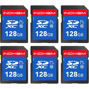 INDMEM SD Card 128GB 6-Pack, Class 10 128GB High Speed up to 90M/S Full HD Video Flash Memory Card MLC Standard Secure Digital Cards Camera Cards