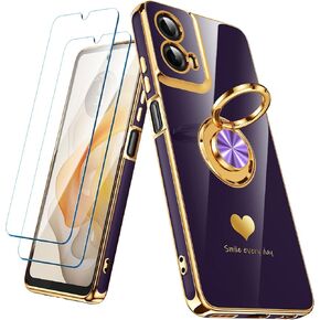 for Moto G Play 2024 Case with 2 Pack Screen Protector, 360° Rotatable Ring Holder [Luxury Hearts Pattern] Plating Gold Edge Slim Soft Phone Case for Moto G Play 4G 2024 - Purple