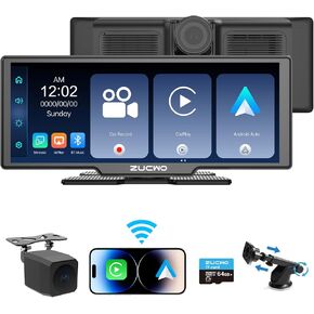 10.26 Inch Wireless CarPlay Screen for Car CarPlay and Android Auto HD Touchscreen Car Stereo with Bluetooth, 4K UHD Dash Cam with 64GB SD Card