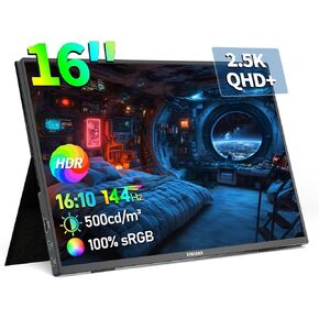 16'' 2.5K Portable Monitor, 144Hz 2560 * 1600P QHD Portable Laptop Monitor, HDR Freesync Gaming Monitor, USB-C HDMI External Second Screen, for Laptop/PC/Mac/Phone/PS5 /Xbox/Switch