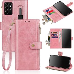 ATTSTURDY متوافق مع Samsung Galaxy S21 Ultra Wallet Case مع حامل البطاقة للنساء MEN PHONE CASE RFID Forcing Pu Leather Cover مع فتحات بطاقة ائتمان حزام ، الذهب الوردي
