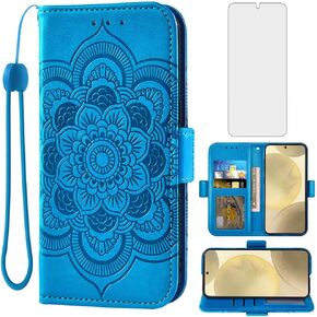 Asuwish Phone Case for Samsung Galaxy S24 5G Wallet Cover with Tempered Glass Screen Protector and Leather Flip Credit Card Holder Stand Wrist Strap Cell Accessories S 24 24S GS24 G5 Women Men Blue