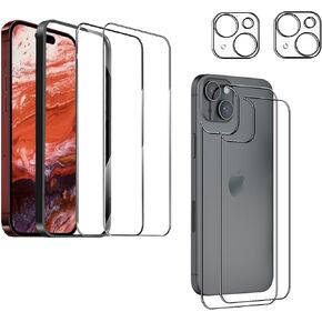 for iPhone 15 Front and Back Screen Protector, 2 Pcs Tempered Glass + Camera Lens Protector, Anti-glare, Easy Installation with Alignment Tool