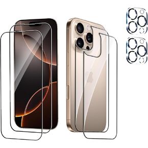 2 Pcs Front and 2 Pcs Back Screen Protector Glass Compatible with iPhone 16 Pro Max + 2 Pcs Camera Lens Protector, 9H Hardness, Easy to Install with Alignment Tool