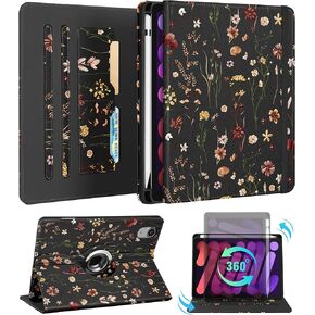 for iPad Mini 7 Case A17 Pro 2024, for iPad Mini 6th Generation Case 8.3 Inch - Women Girls Cute Rotating Stand Folio Cover with Pencil Holder & Card Slot Girly Flowers Floral Unique Cover