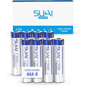 بطارية ليثيوم Sukai 1200mAh AAA ، بطارية ليثيوم أيون قابلة للتخلص منها - عمر طويل ، طاقة عالية ، وزن خفيف ، بطاريات AAA (غير قابلة للتشغيل) 8 حزمة