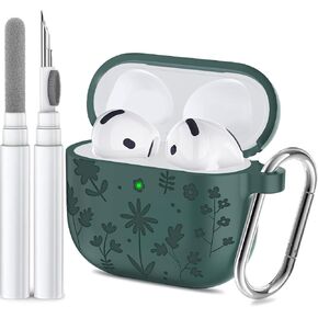 Compatible with AirPods 4th Generation Case Cover with Cleaner Kit, Flower Engraved Silicone Shockproof Protective Skin Cover for AirPods 4 Case 2024 with Keychain, Pine Green