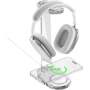 2 in 1 Acrylic Headphone Stand with Wireless Charger,for iPhone16/15/14/13/12/11 Series,Universal Headset Holder Hanger Compatible with AirPods Max and Desk All Headphones (Transparent)