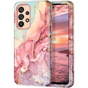 Btscase for Samsung Galaxy A53 5G Case, Marble Pattern 3 in 1 Heavy Duty Shockproof Full Body Rugged Hard PC+Soft Silicone Drop Protective Women Girl Cover ,Rose Gold
