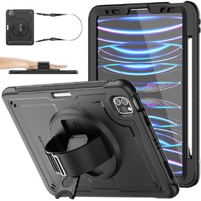 SEYMAC stock Case for iPad Air 5th/ 4th Generation Case 10.9''/ Pro 11'' 4th/ 3rd Case, Drop Protection Frosting-Anti-Slip Case with Screen Protector Pen Holder [360° Rotate Strap/Stand], Black