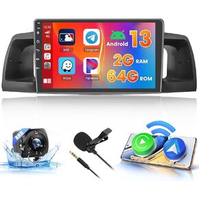 [2+64G] Hikity Android 13 Car Stereo for Toyota Corolla 2006-2013 Radio with Wireless CarPlay Android Auto, 9 Inch IPS Touch Screen Bluetooth Car Radio with HiFi GPS Navigation WiFi Backup Camera Mic