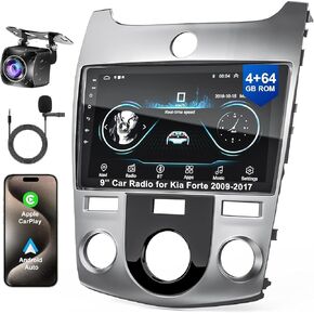 【4+64】 Car Radio for Kia Forte 2009-2017, Android 9'' IPS Touchscreen Stereo with Wireless CarPlay & Android Auto, Support GPS/WiFi/SWC/BT/FM Radio/HD Backup Camera+MIC