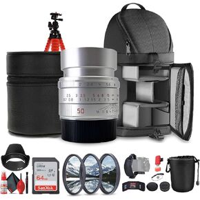 Leica APO-Summicron-M 50mm f/2 ASPH. Lens (Silver Anodized) (11142) + Sling Backpack + 64GB Memory Card + Lens Filter Kit + Flexible Tripod + Cleaning Kit + Lens Pouch + Lens Hood + Hand Strap + More