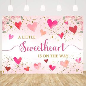 Withu Girl Baby Shower Backdrop A Little Sweetheart is On The Way Photography Background Pastel Pink Red Love Hearts Floral Gold Glitter Dots Newborn Party Decoration Banner 7x5ft