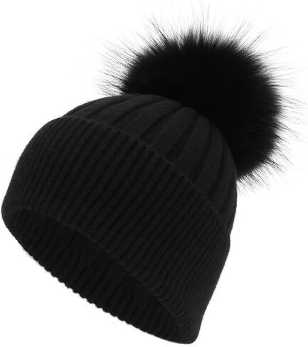 Womens Cashmere Winter Ribbed Knit Cuffed Beanie Hat with Real Fur Pom Pom Beanie Skull Cap Ski Hat in Saudi Arabia