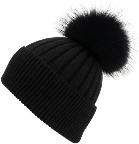 Womens Cashmere Winter Ribbed Knit Cuffed Beanie Hat with Real Fur Pom Pom Beanie Skull Cap Ski Hat in Saudi Arabia