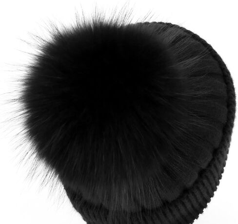 Womens Cashmere Winter Ribbed Knit Cuffed Beanie Hat with Real Fur Pom Pom Beanie Skull Cap Ski Hat in Saudi Arabia