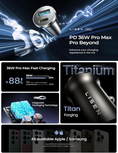 iPhone 16 Car Phone Charger ، 54W Super Fast Car Charger Adapter ، Lisen All-Metal Scareette Lighter Adapter ، Dual Port PD 36W/12V USB C Car Charger Plug for iPhone 16 15 14 13 12 Pro Max ، Samsung ، Red in Kuwait