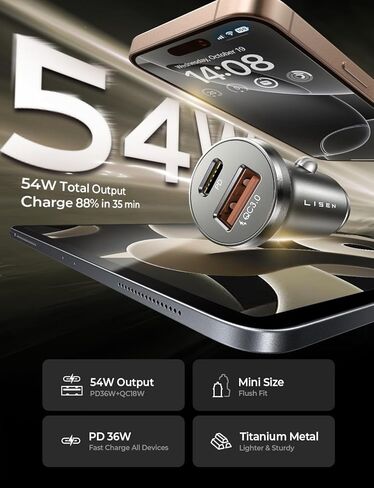 iPhone 16 Car Phone Charger ، 54W Super Fast Car Charger Adapter ، Lisen All-Metal Scareette Lighter Adapter ، Dual Port PD 36W/12V USB C Car Charger Plug for iPhone 16 15 14 13 12 Pro Max ، Samsung ، Red in Kuwait