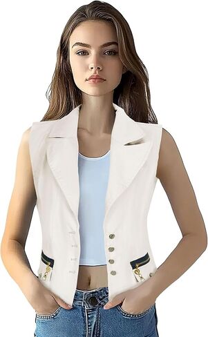 OFOKEDA Women's Lapel Denim Vest Button Vest Jacket Blue Vest in Kuwait