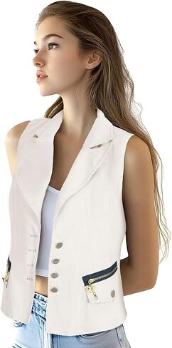 OFOKEDA Women's Lapel Denim Vest Button Vest Jacket Blue Vest in Kuwait