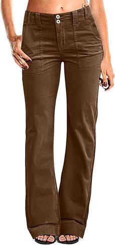 Flamingals Women's Corduroy Dual Button Zip Fly Flare Pants Mid Waist Casual Pants in Kuwait